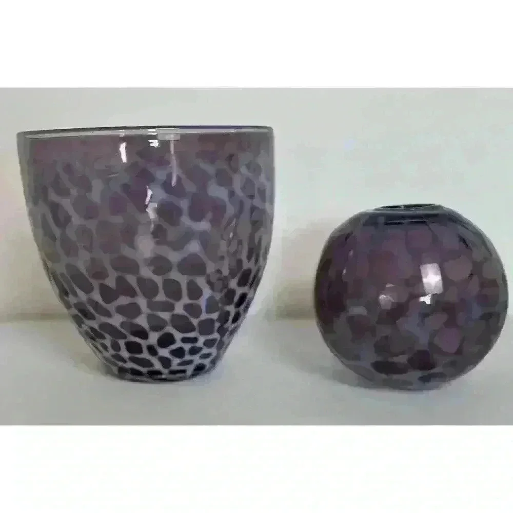 Two Hand Blown Art Glass Vases Purple Tortoise shell spots Clear pontil mark